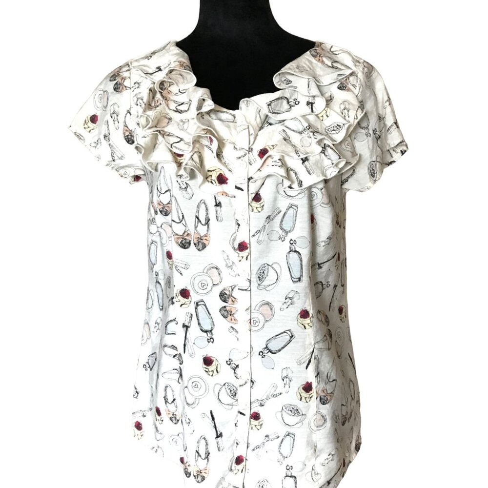 Van Heusen Studio Ruffled Blouse Vintage Top, Women’s Shoe & Coffee Print Size M